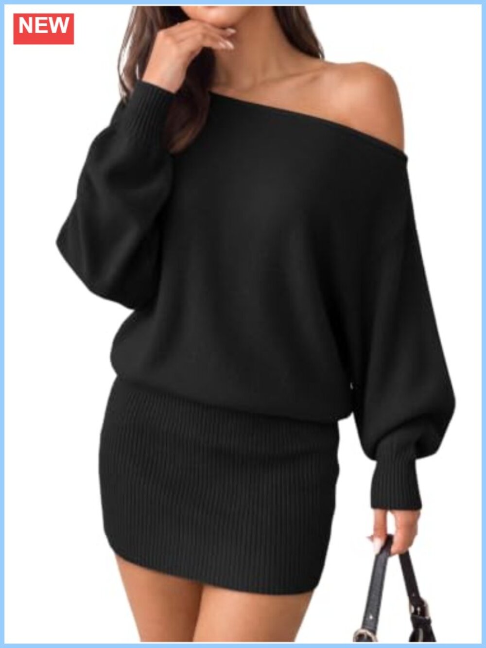 Off Shoulder Long Sleeve Bodycon Mini Sweater Dress Ribbed Knit